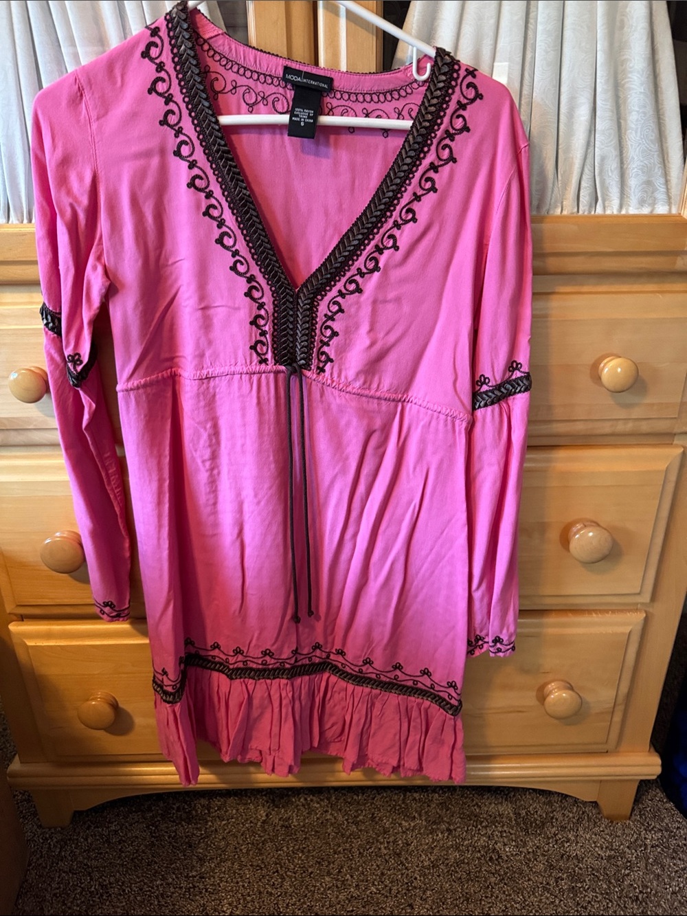 Moda International Hot Pink Embroidered V-Neck Midi Dress with Black Trim